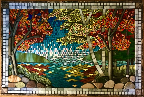 Autumn Colors; 20" x 30'; natural stone, stained glass, porcelain, marble; $2200, over stove backsplash, private home, Maine